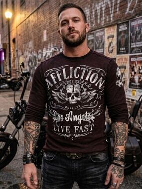 Affliction Reversible Long Sleeve Skull Cross Thermal Shirt Mens M Live Fast